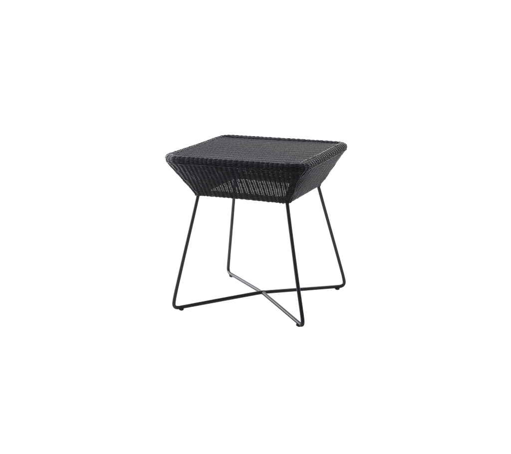 Black square side table with a mesh top and slender metal legs. Perfect for modern living spaces.