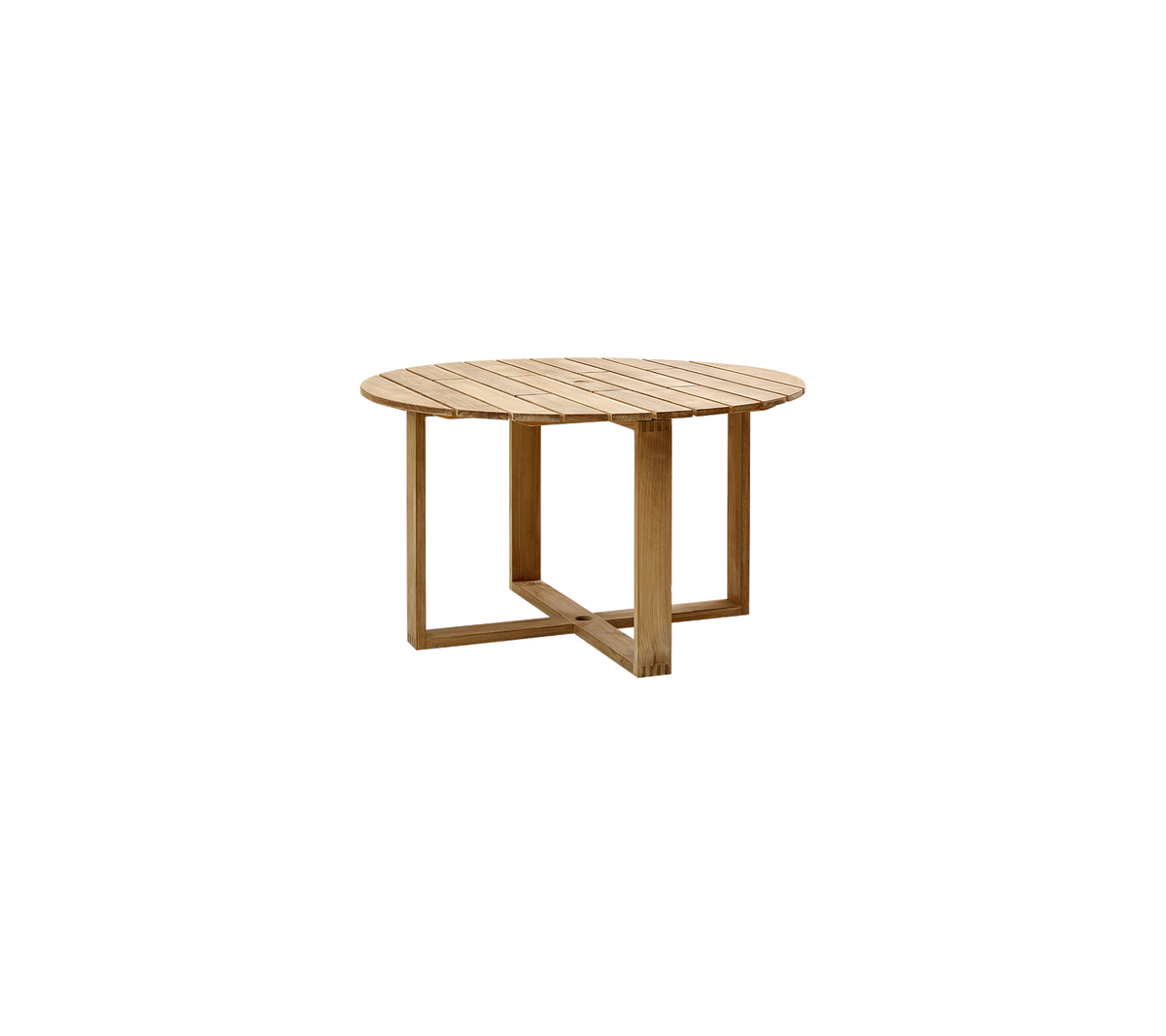 Round wooden coffee table with slatted top and a unique geometric base, showcasing a natural finish and contemporary design.
