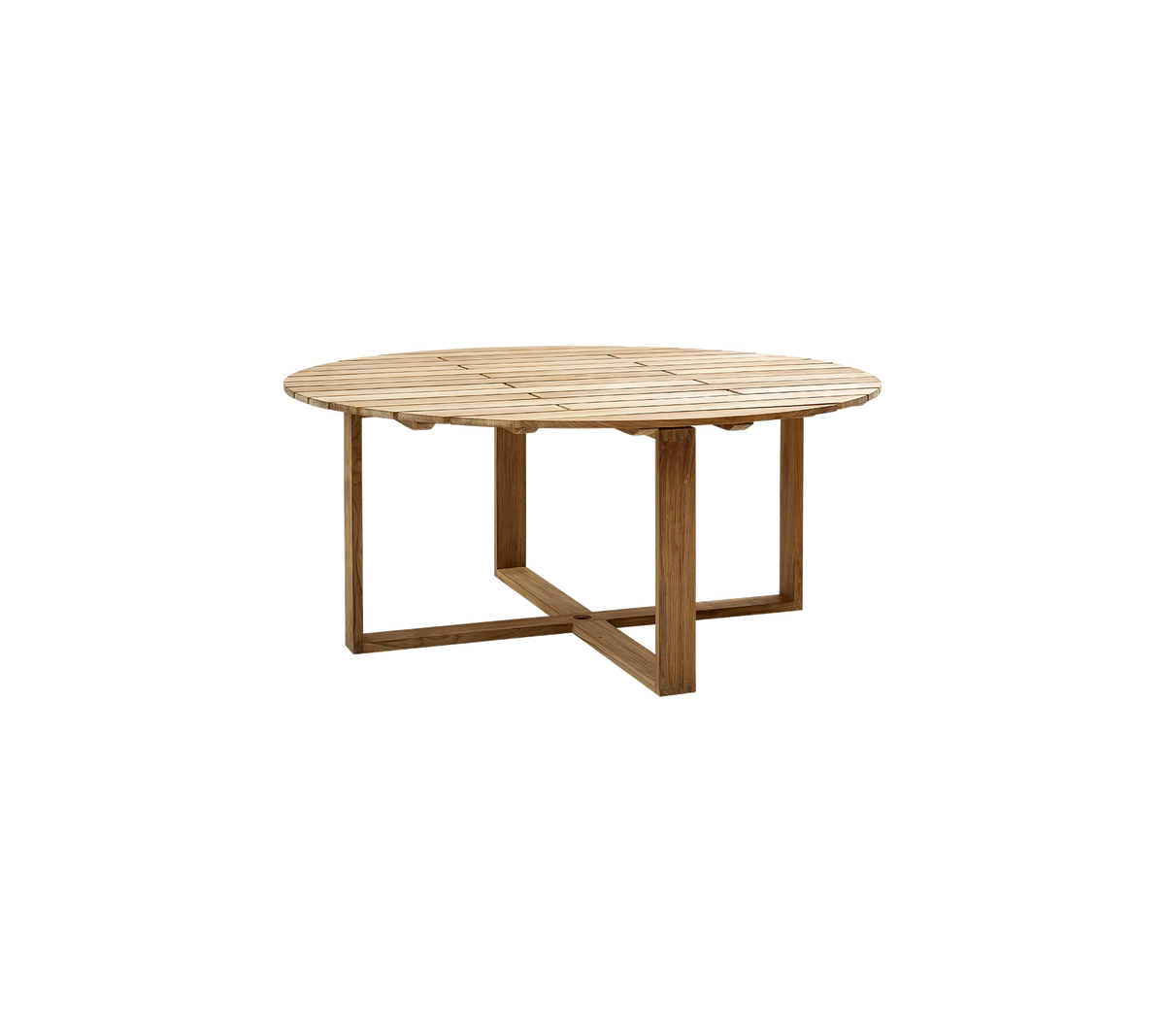 Round wooden table with a natural finish and a sturdy, cross-shaped base, designed for versatile use.