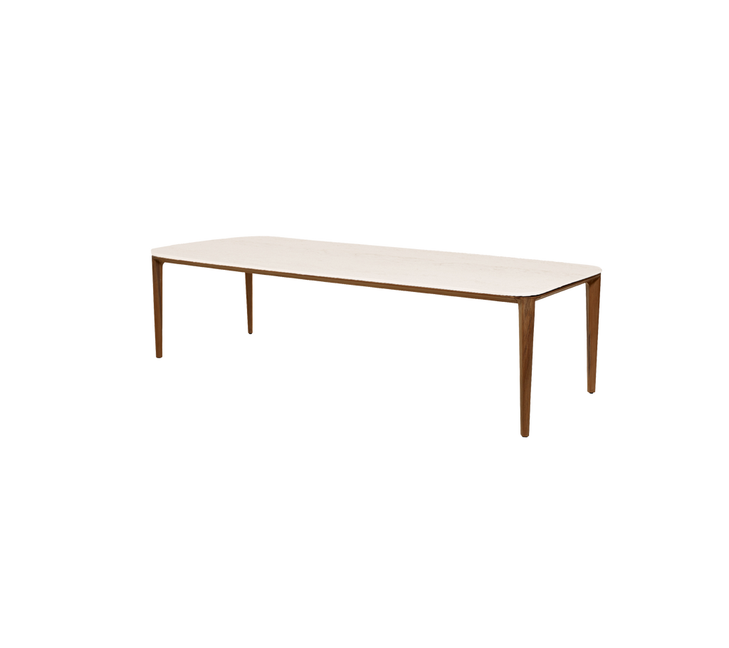 A sleek, modern table with a smooth light-colored top and sturdy wooden legs, designed for versatile use in various settings.