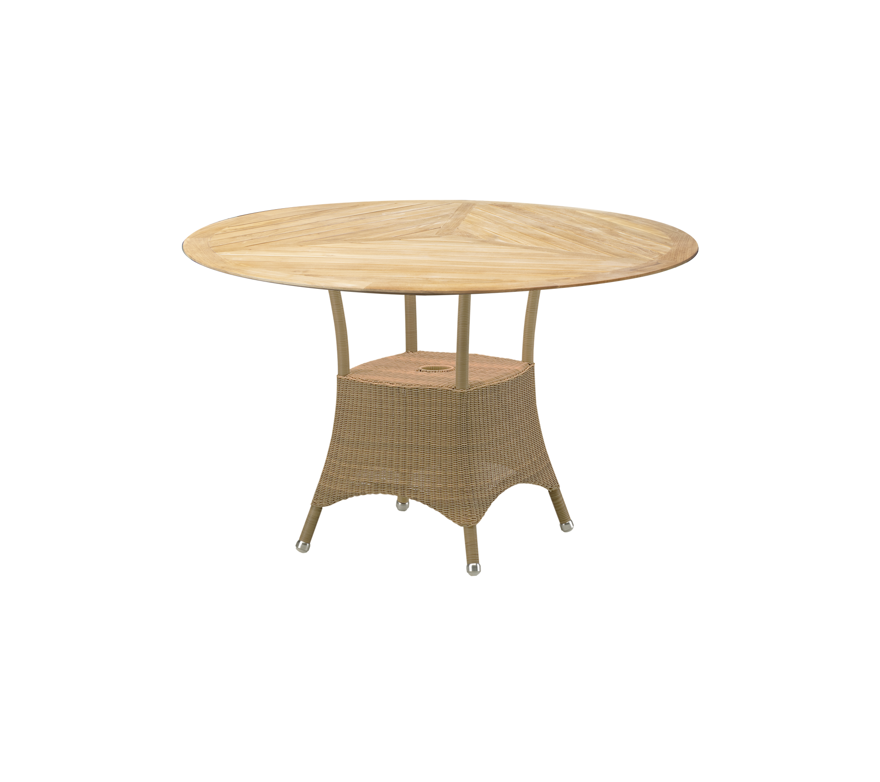 Round table with a wooden top and a woven base, designed for outdoor entertainment and dining. Suitable for vibrant gatherings.