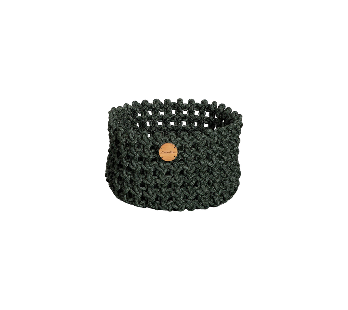 A textured green woven basket with a wooden tag, ideal for organizing and adding a touch of style to any space.