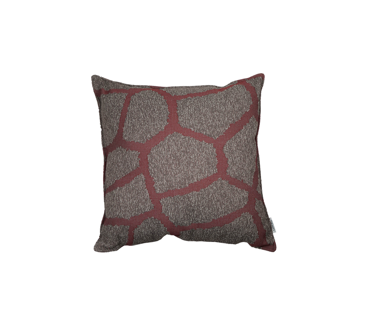 Decorative square pillow featuring a geometric pattern in shades of gray and burgundy, adding a touch of modern style to any space.
