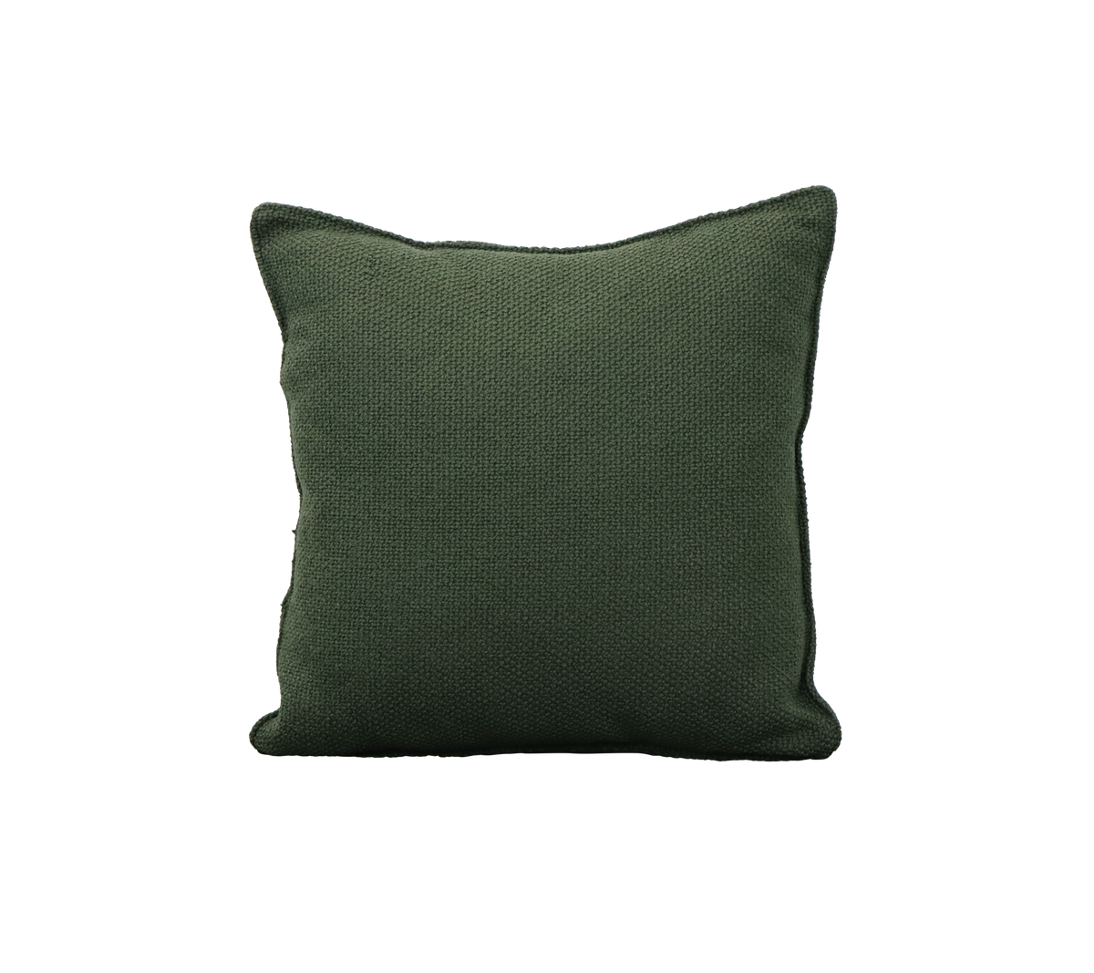 Solid green square cushion with a textured surface, suitable for adding comfort and style to furnishings.