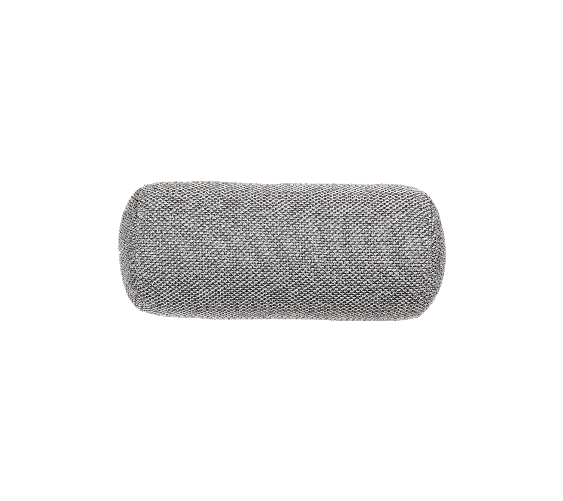 Gray cylindrical cushion with a textured surface, suitable for support and comfort.