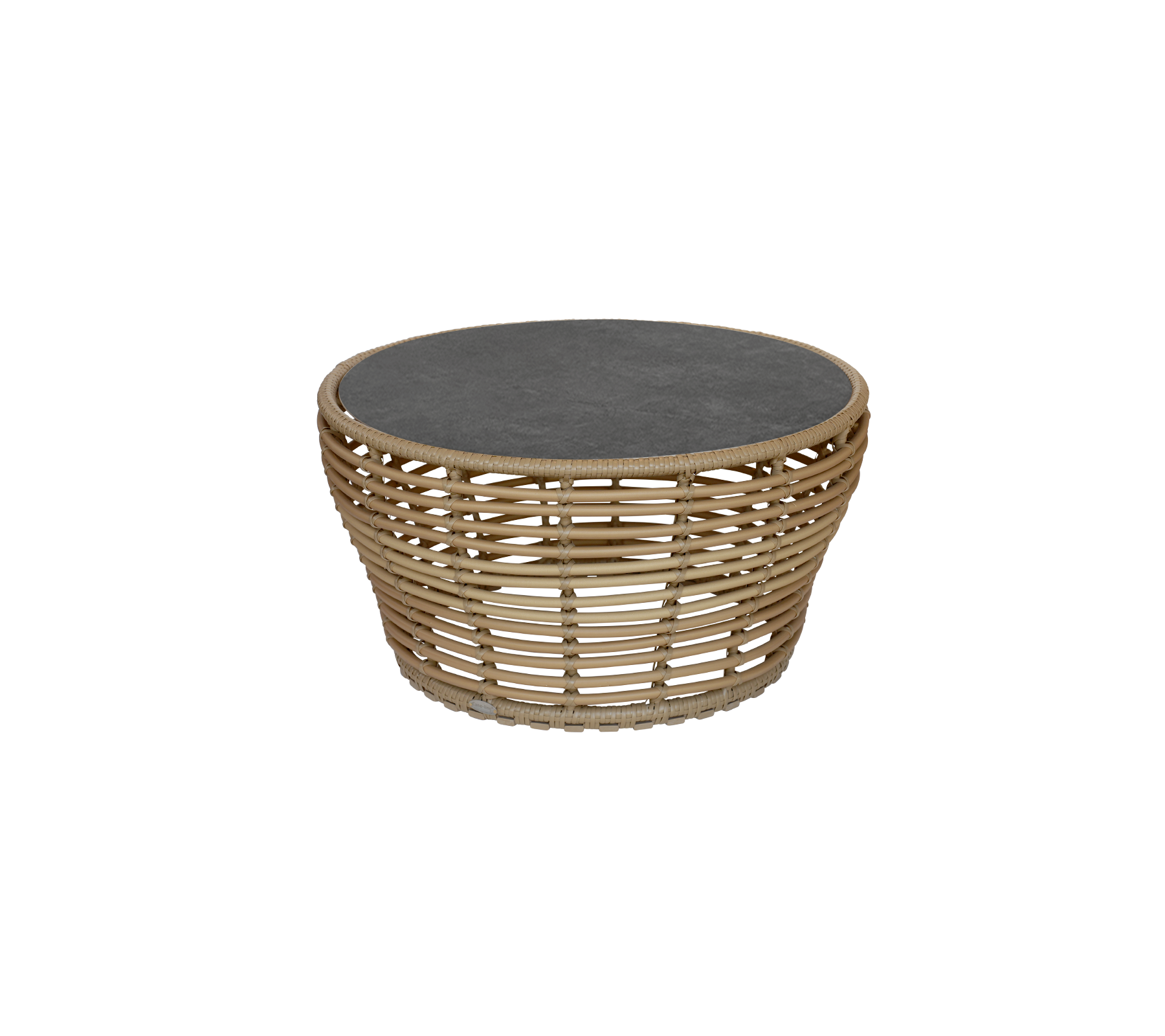 Round table with a dark top and woven natural material base, adding a modern touch to any space.
