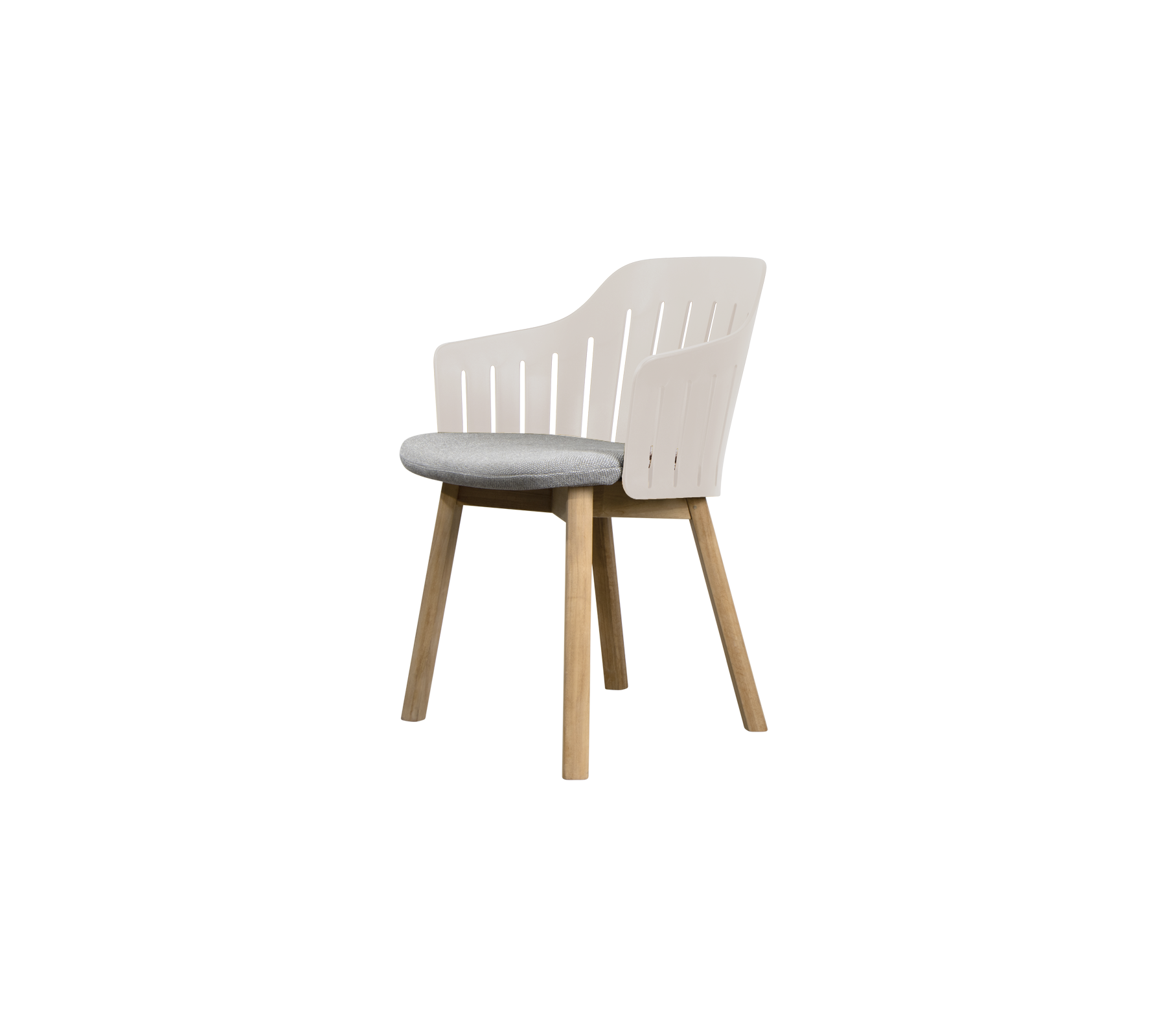 Modern white chair with a grey cushion.