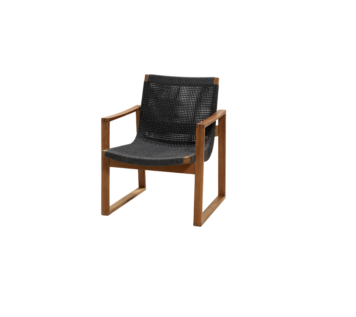 Stylish chair with a wooden frame and a comfortable dark fabric seat, perfect for modern interiors or casual settings.