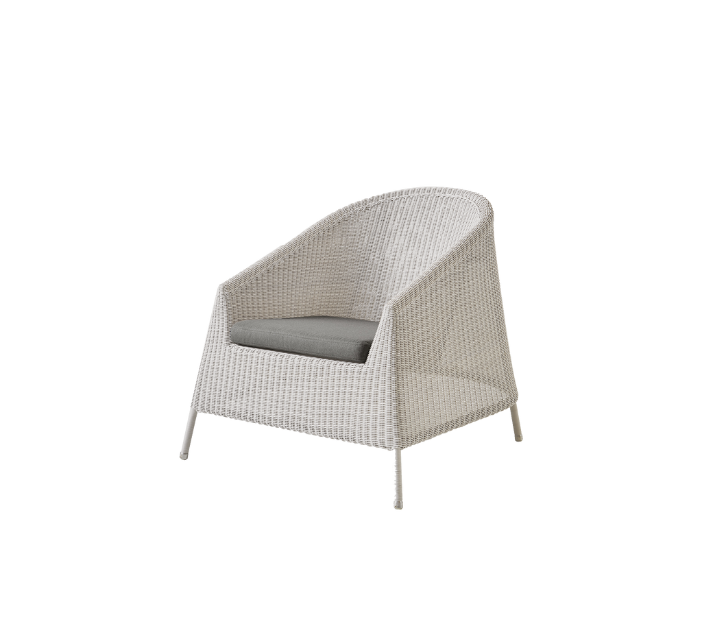 Modern white lounge chair with grey cushion.