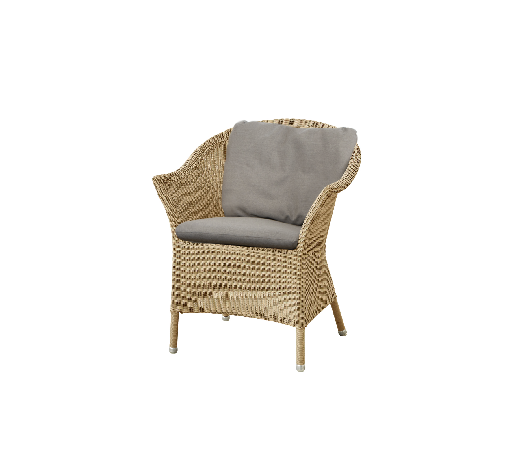 A comfortable woven chair featuring a soft gray cushion, ideal for relaxation and casual seating.