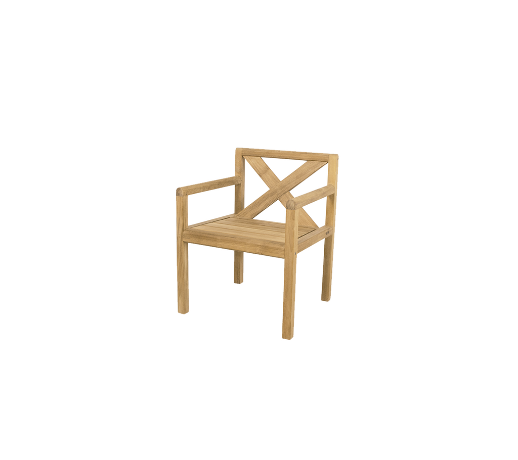 Teak chair with a cross-back design.