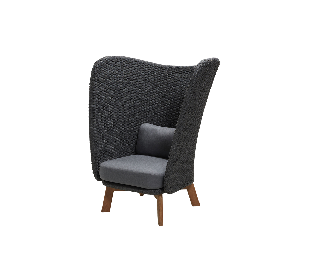 Stylish chair with a high, woven back and comfortable gray cushion, featuring wooden legs for a modern touch.