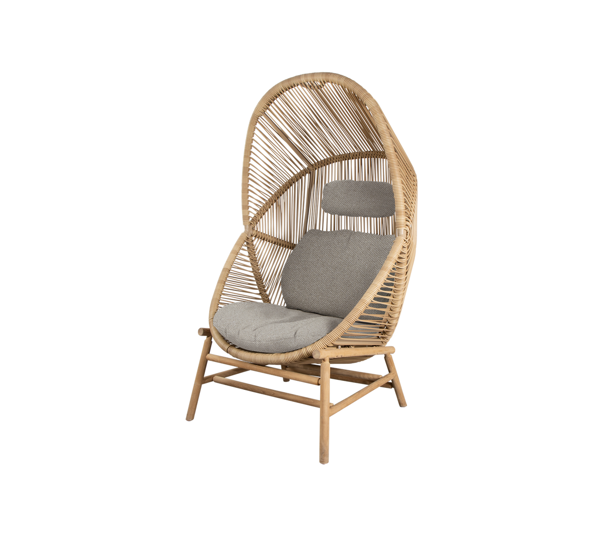 A stylish chair with an arching backrest, crafted from natural materials, featuring soft gray cushions for comfort.