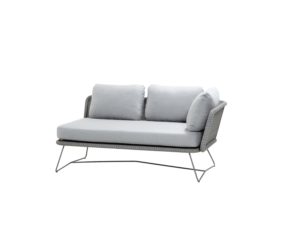 Stylish two-seater sofa with gray cushions and a sleek metal frame, designed for comfort and modern aesthetics.