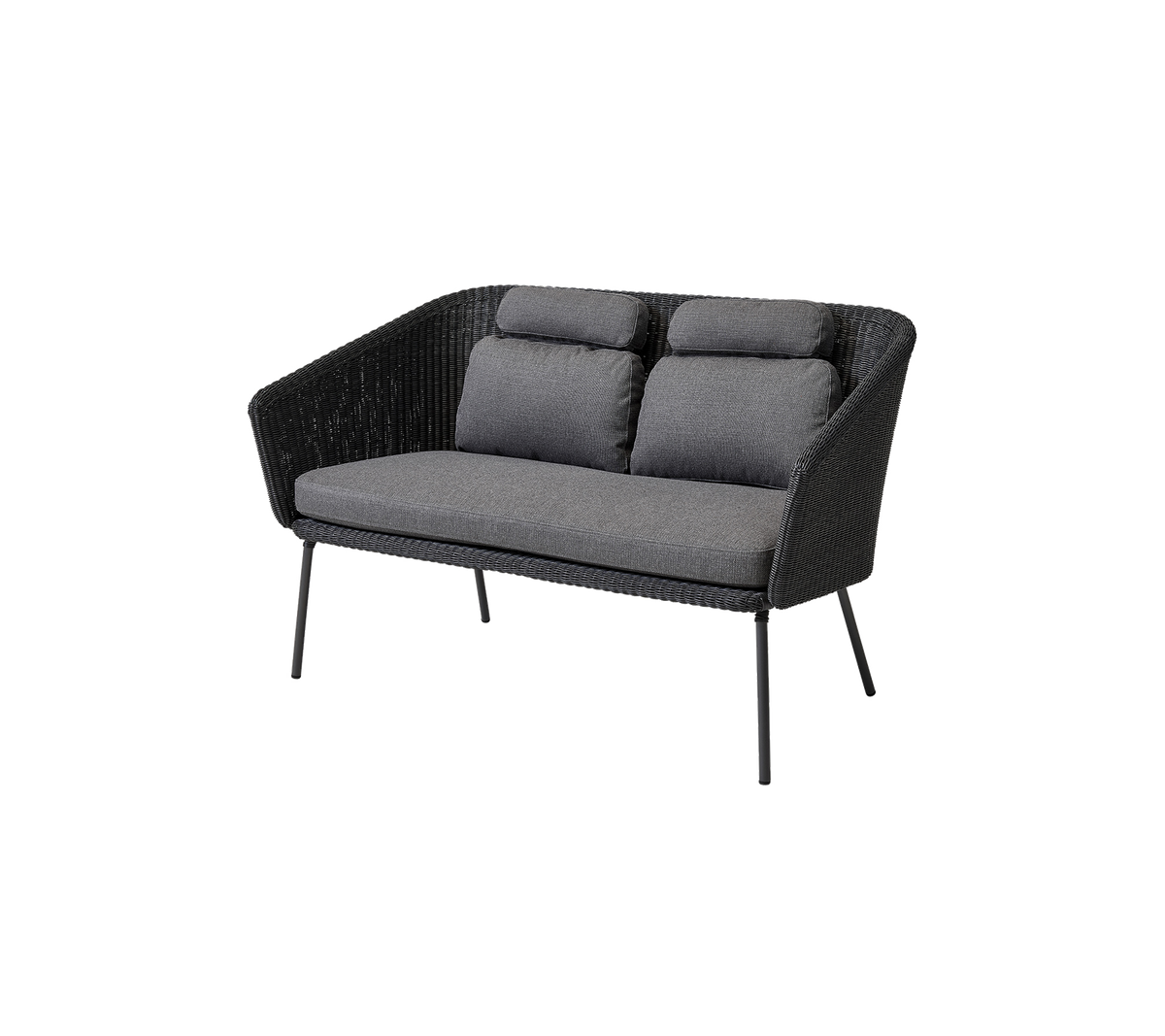 Stylish two-seater sofa with a woven design and soft gray cushions, perfect for modern decor.