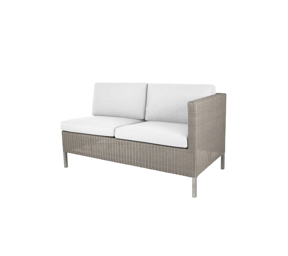 Comfortable two-seat sofa with a modern design, featuring soft white cushions and a stylish woven frame. Ideal for relaxation.