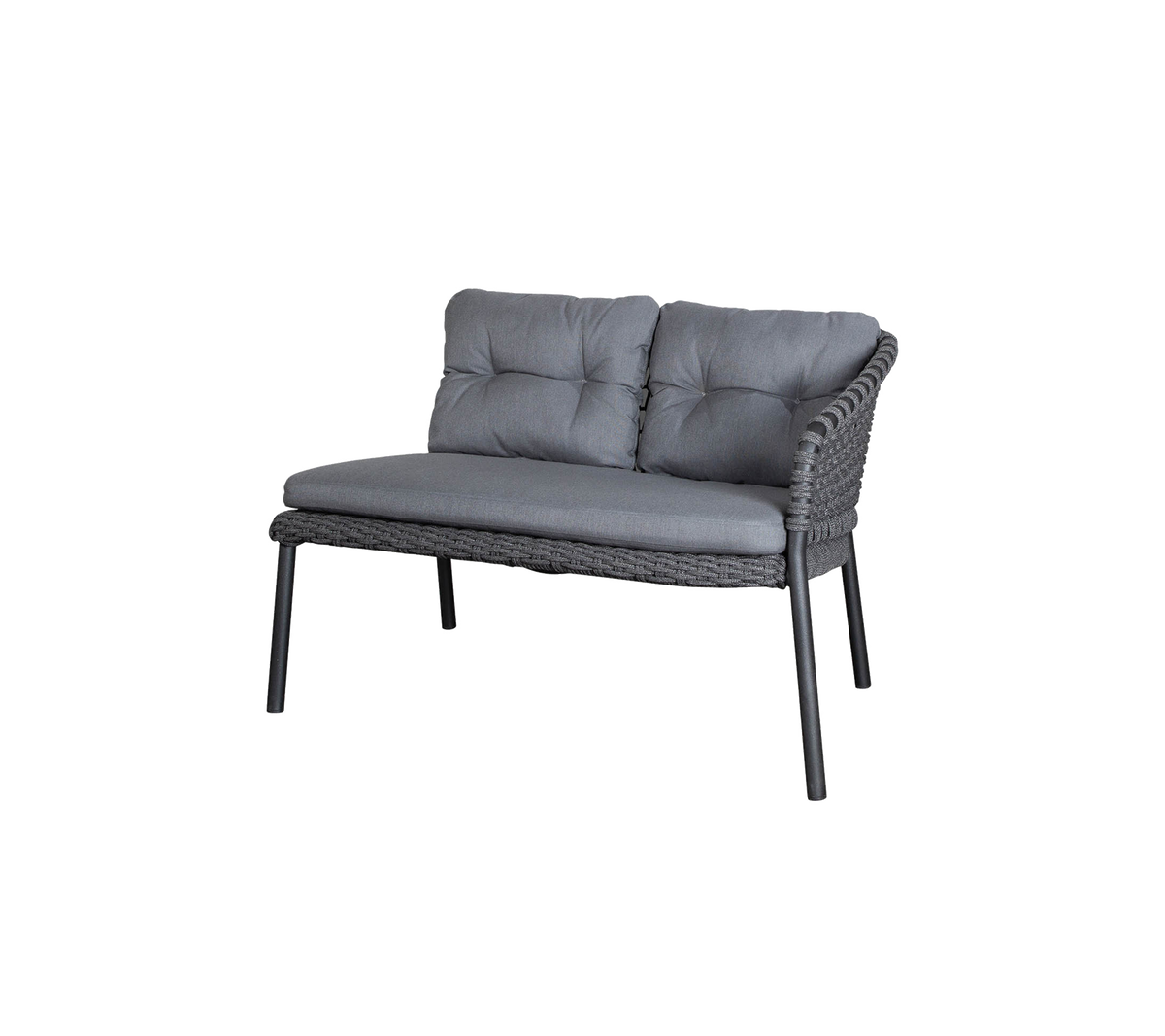 Stylish two-seater sofa with gray cushions and a woven design, perfect for relaxation and comfort.