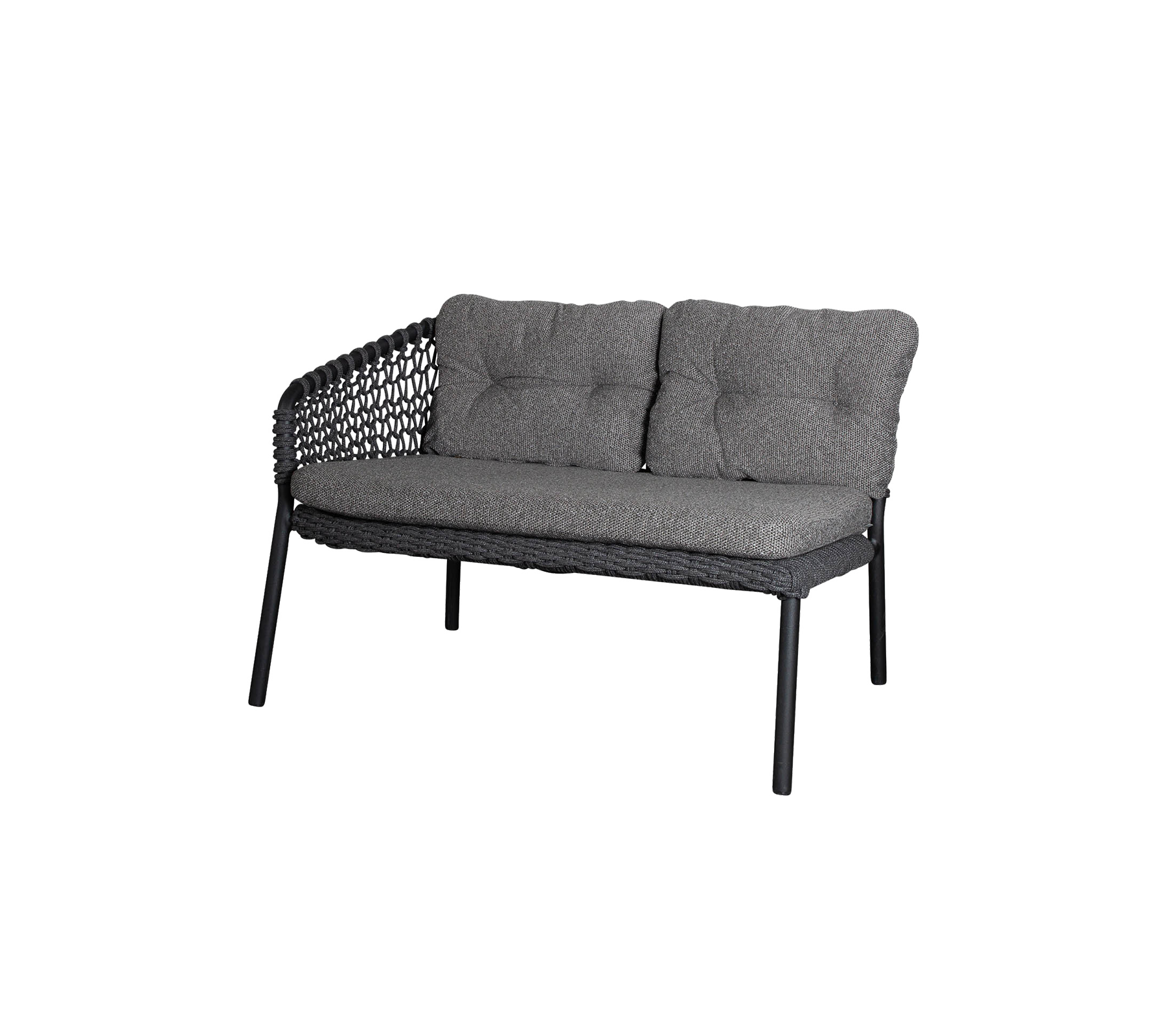 Two-seater sofa with a gray cushioned seat and a stylish woven backrest, designed for comfort and modern aesthetics.