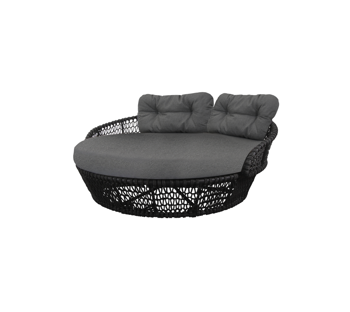 Round cushioned seating with a woven base, featuring two backrests and a sleek design, perfect for relaxation.