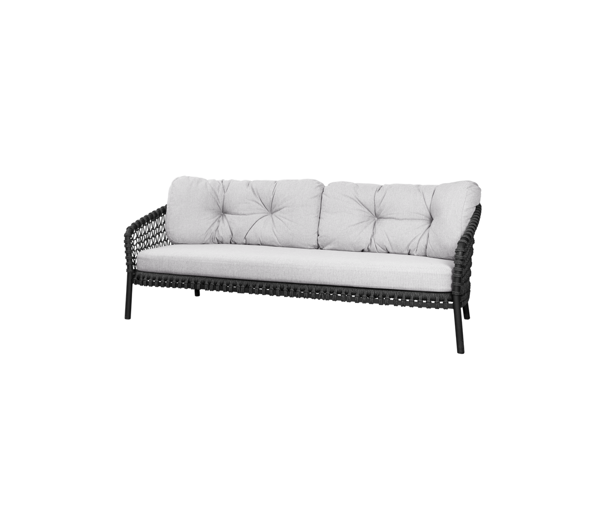Stylish sofa with a woven frame and plush, tufted cushions in a neutral color, perfect for comfortable seating.