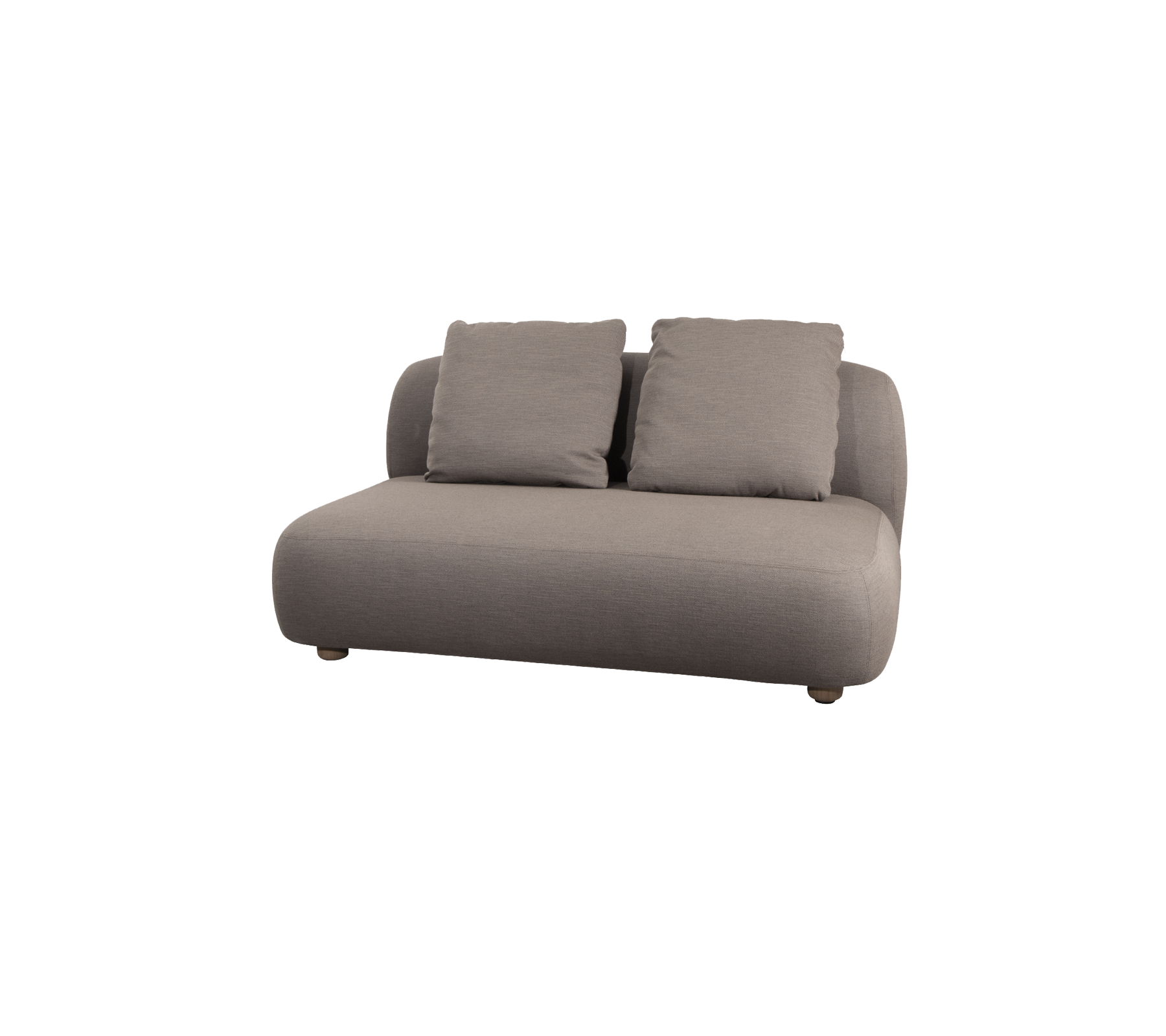 Comfortable, modern sofa in a soft gray fabric with two plush cushions, featuring rounded edges for a contemporary look.
