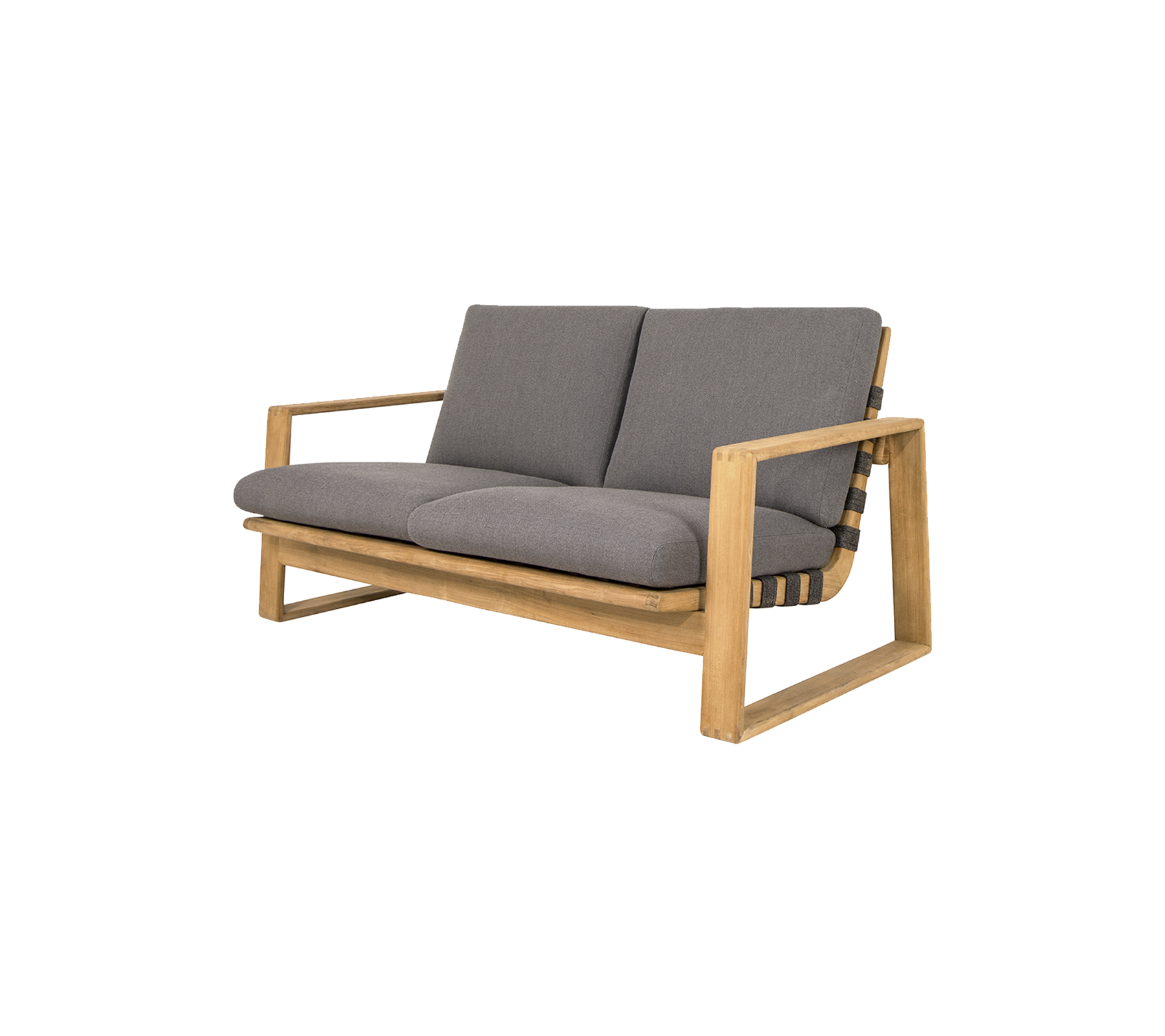 Two-seater sofa with a light wooden frame and gray cushions, featuring a modern design and comfortable seating.