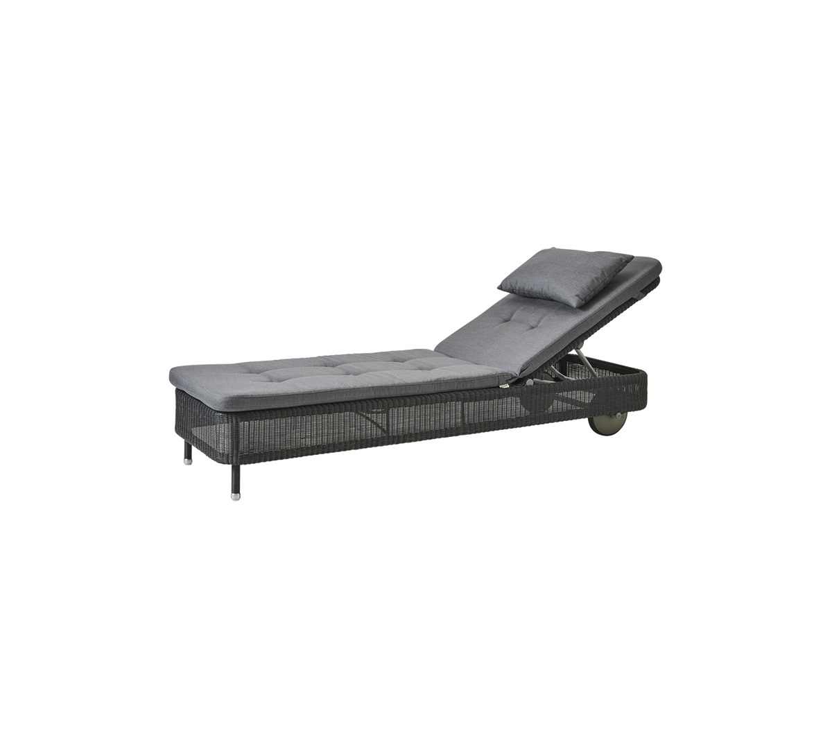Adjustable chaise lounge with a soft gray cushion and a textured base, perfect for relaxation in any setting.