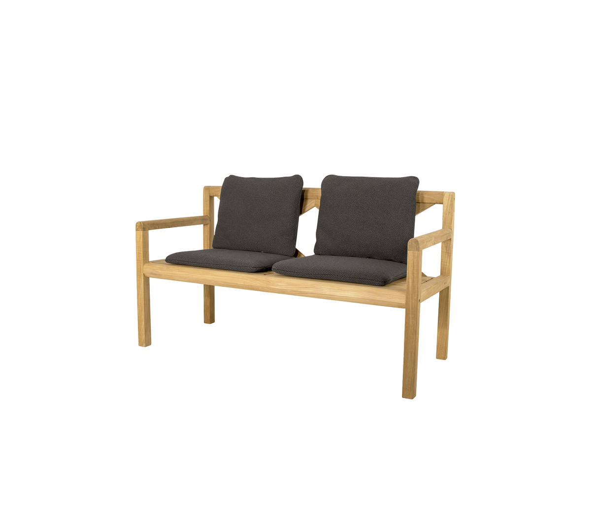 Two-person wooden bench with comfortable dark gray cushions, featuring a simple and modern design. Ideal for casual seating.