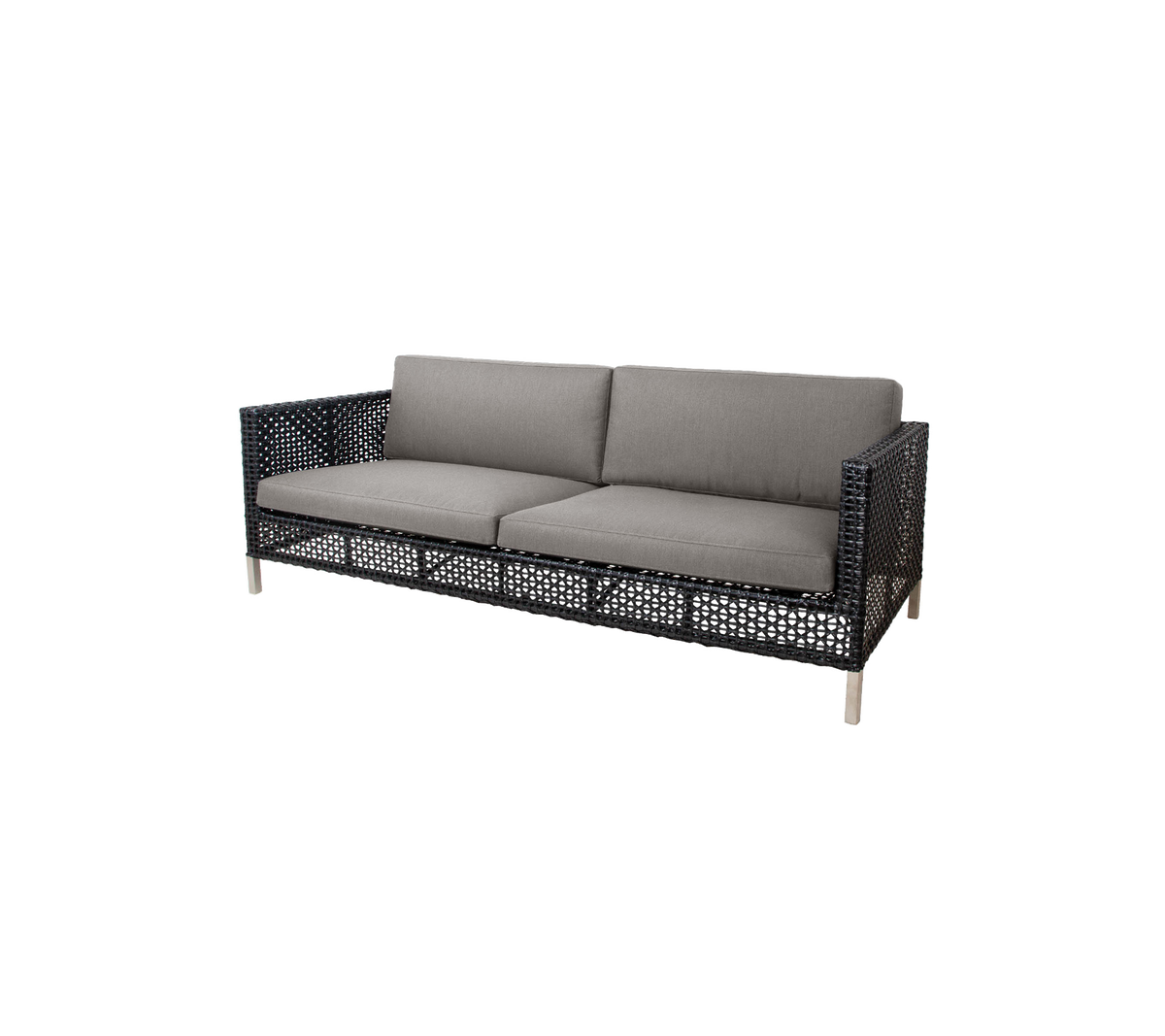 Stylish sofa featuring a woven design and gray cushions, designed for comfort and modern aesthetics. Perfect for any seating area.