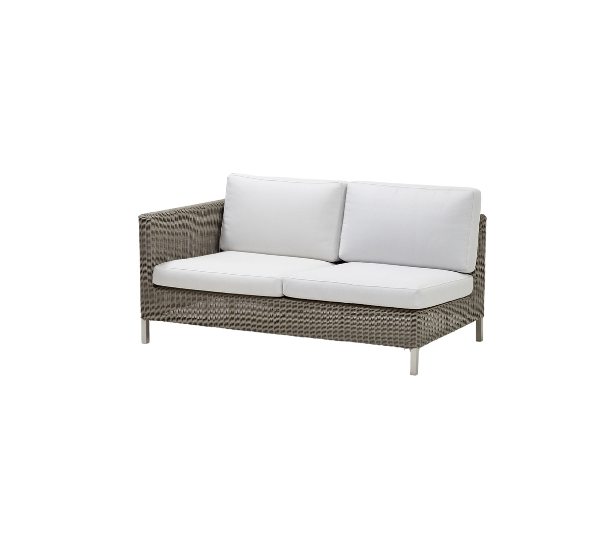 A stylish two-seater sofa featuring a woven design and plush white cushions, perfect for relaxation and comfort.
