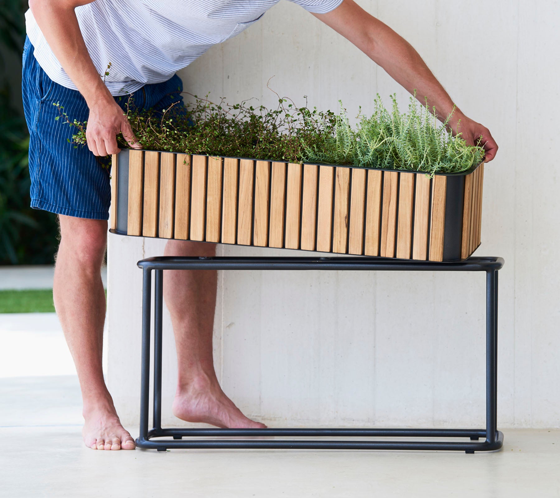 A person arranges plants in a wooden planter atop a sleek metal stand, showcasing a blend of natural and modern design elements.