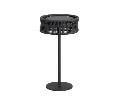 A sleek, modern table with a round top and a woven texture, supported by a simple black metal base.