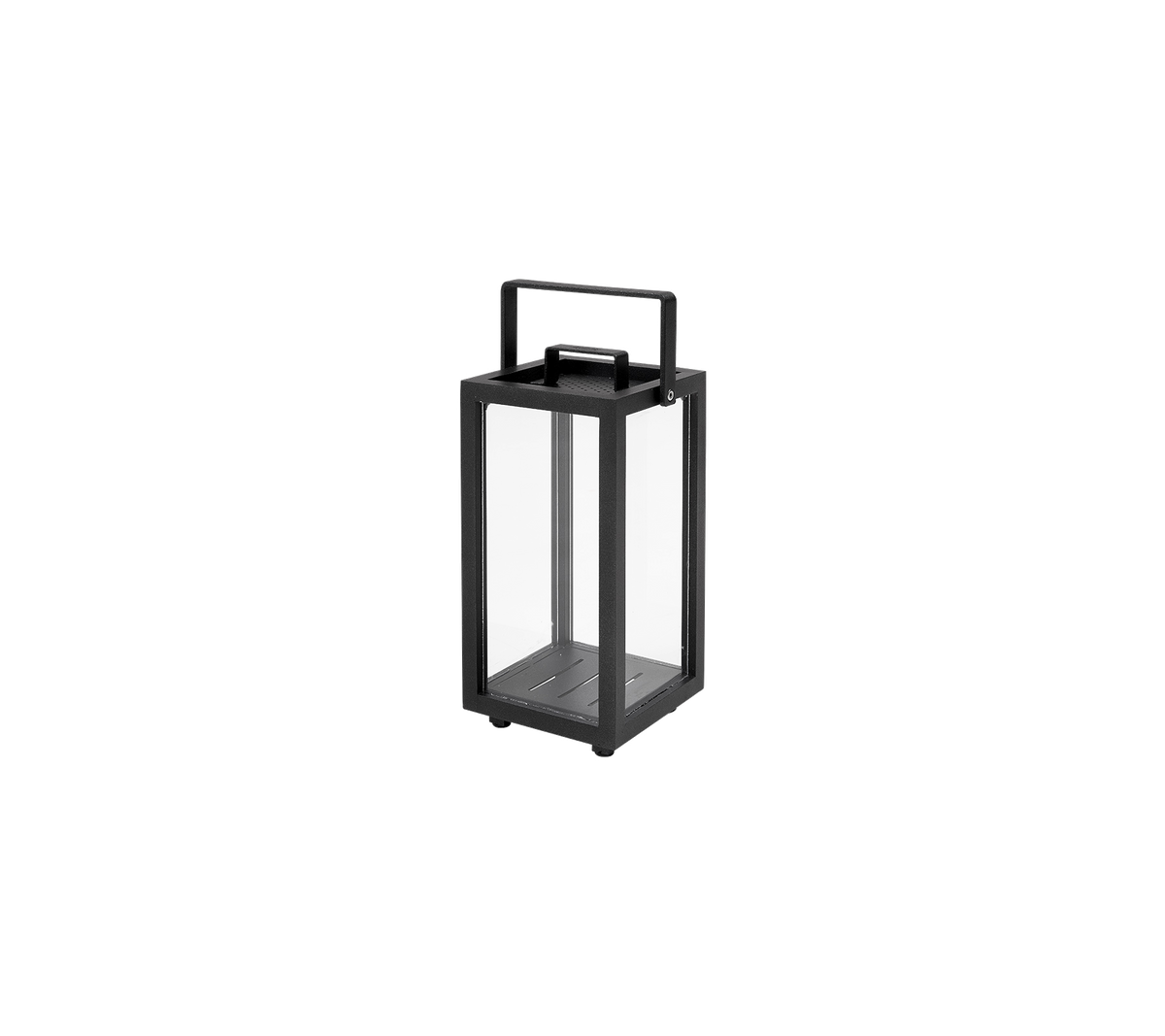 Square lantern with a black frame and glass panels, featuring a handle on top for easy carrying.