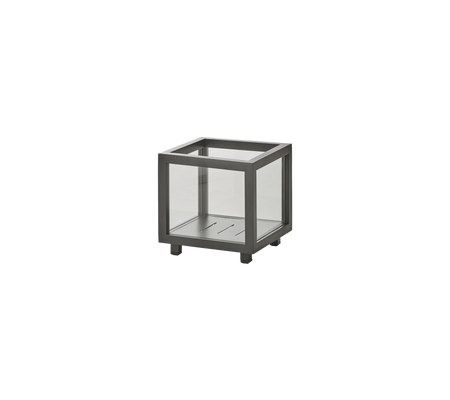 Minimalistic square side table with a metal frame and glass panels, providing a modern touch to any space.
