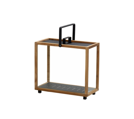 Wooden serving cart with a black handle and two shelves, designed for easy transport and versatile storage. Ideal for organizing items.