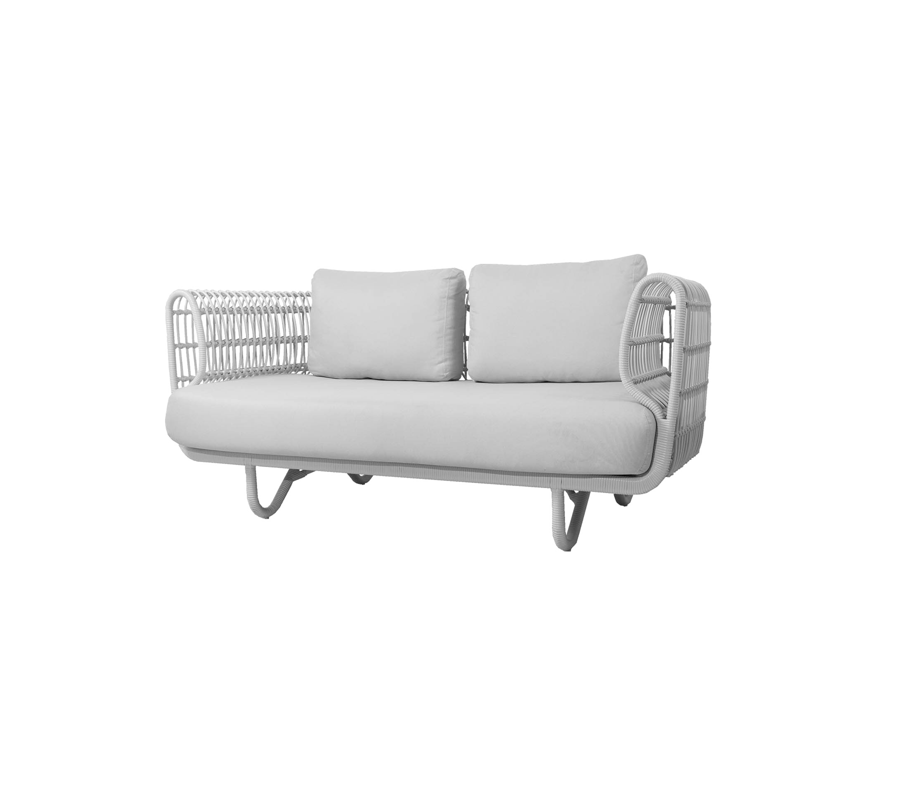 Stylish two-seat sofa with a sleek design, featuring soft cushions and decorative woven side arms in a neutral color scheme.