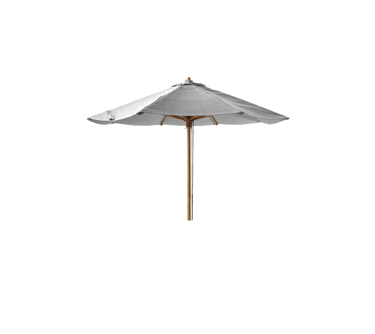A light-colored umbrella with a wooden pole, designed for shade and outdoor relaxation.