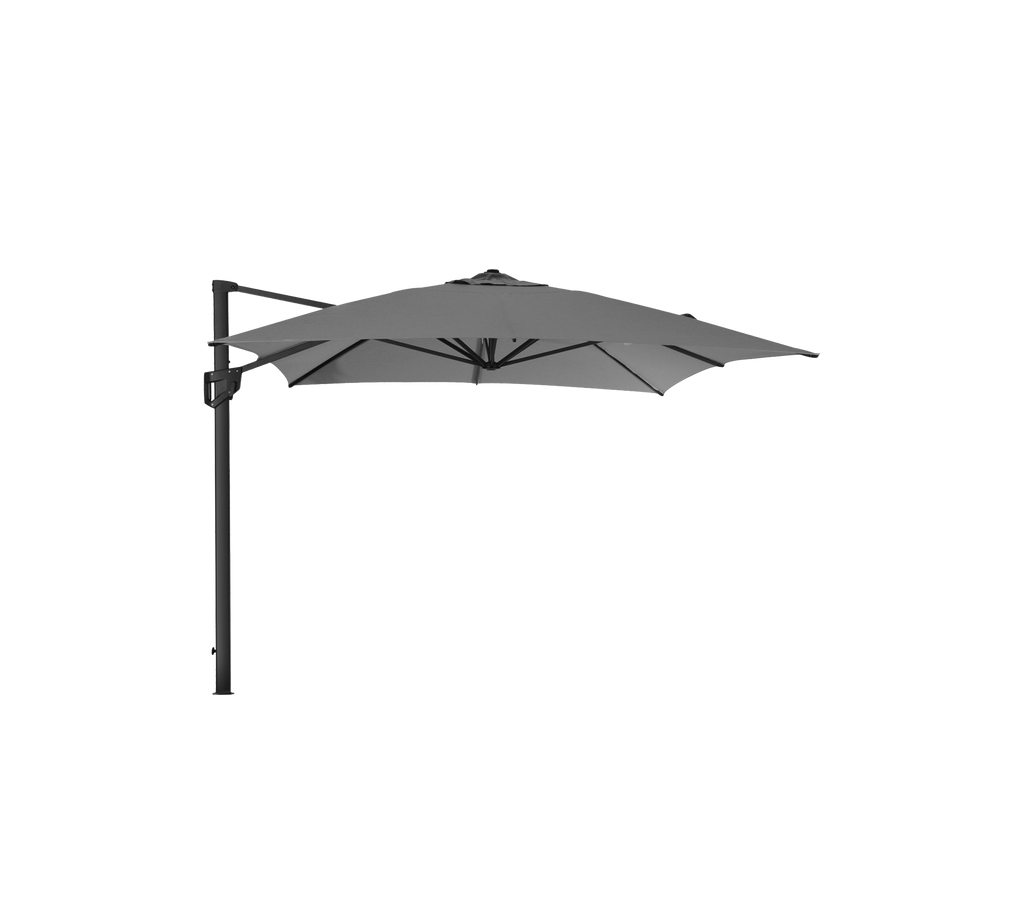 A cantilever umbrella with a dark canopy, providing shade and support from an upright pole. Ideal for outdoor spaces.