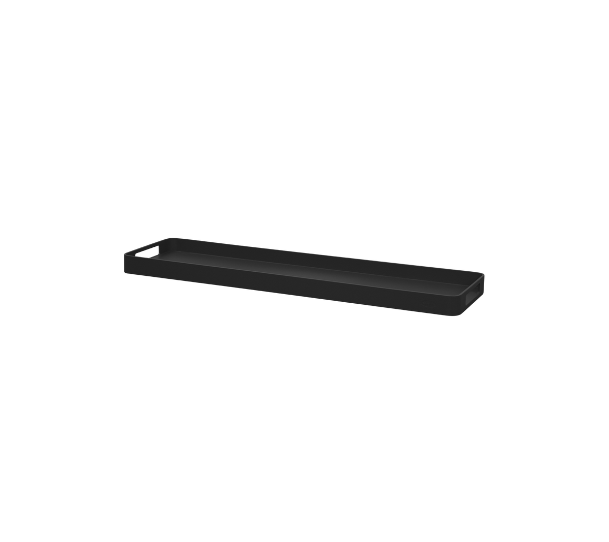 Black rectangular tray with shallow edges, suitable for organizing items or serving.