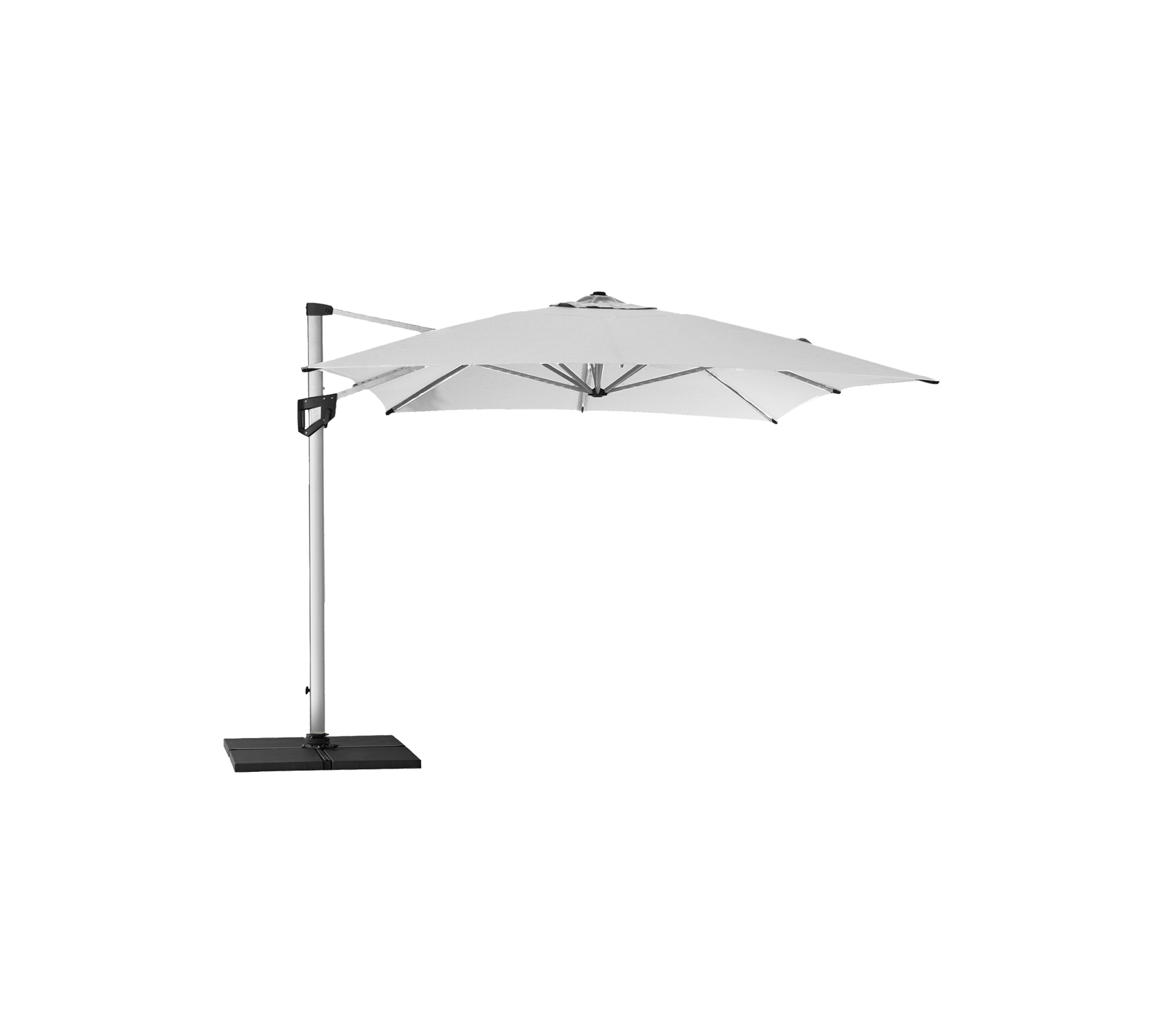 black and white cantilever patio umbrella Cane-line Hyde luxe hanging parasol, 3x4 m