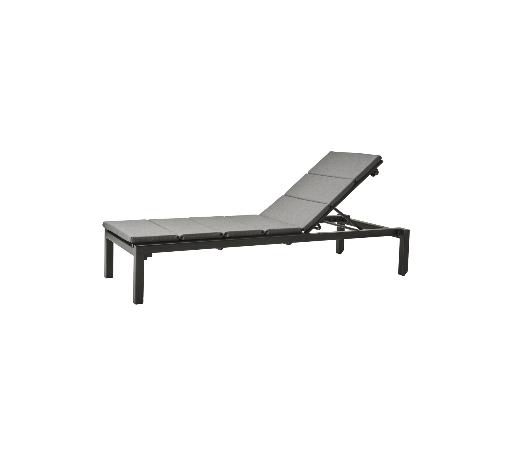 Contemporary adjustable lounge chair with a sleek black frame and cushioned surface for comfort and relaxation.