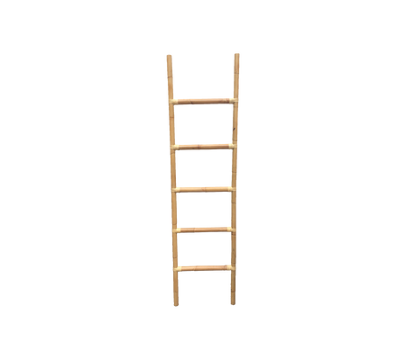 A wooden ladder with five rungs, featuring a natural finish and a simple design for versatile use.