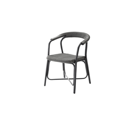 Stylish chair with a curved backrest and armrests, featuring a woven seat design and sturdy frame, perfect for modern seating needs.