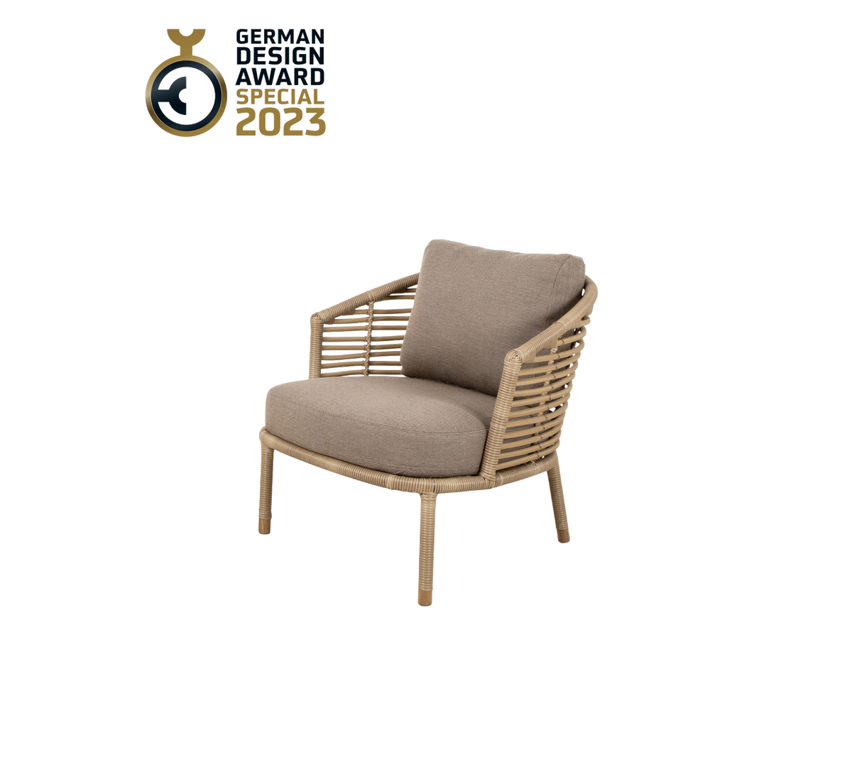 Stylish chair with a woven design and plush cushion, awarded the German Design Award 2023.