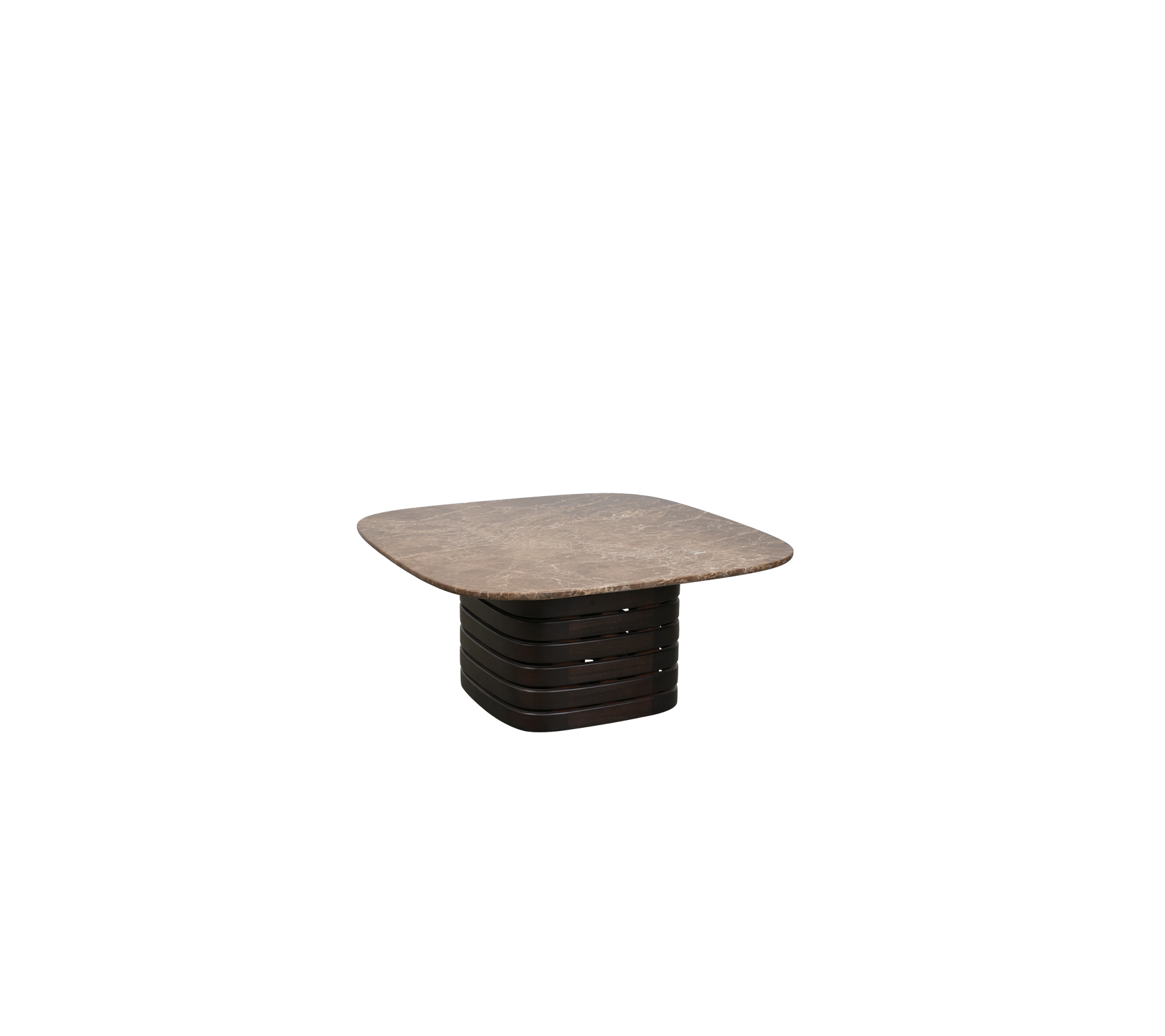 Dark brown table with a minimalistic design and square top.