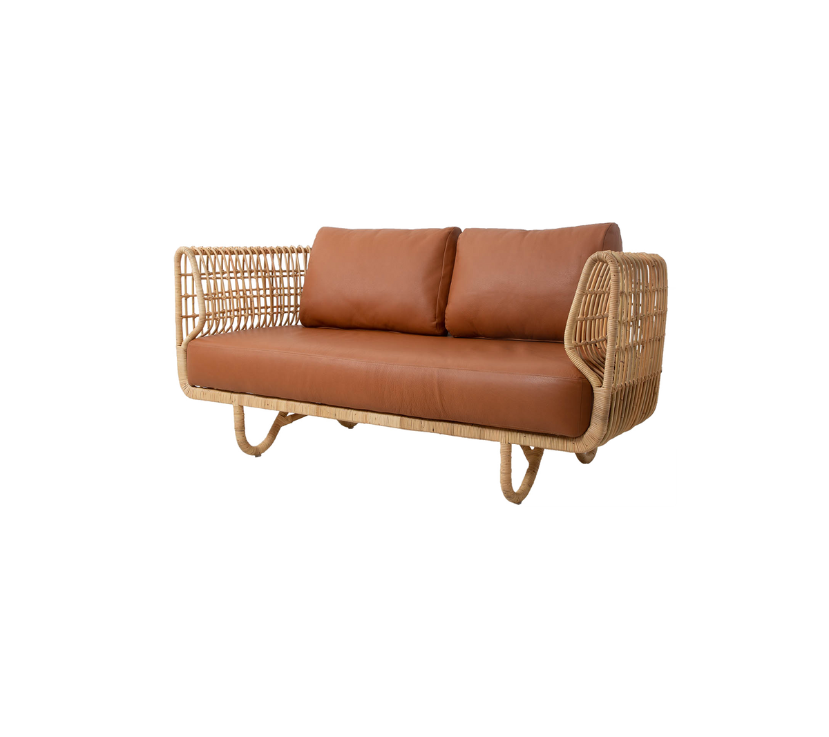 Stylish sofa featuring a natural woven frame and plush brown cushions, perfect for cozy seating.