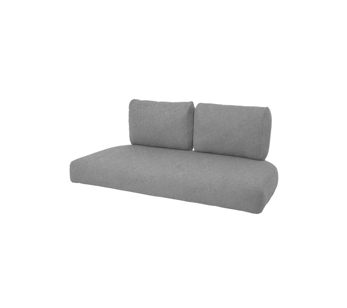 A modern gray sofa with two back cushions, featuring a minimalist design suitable for various living spaces.