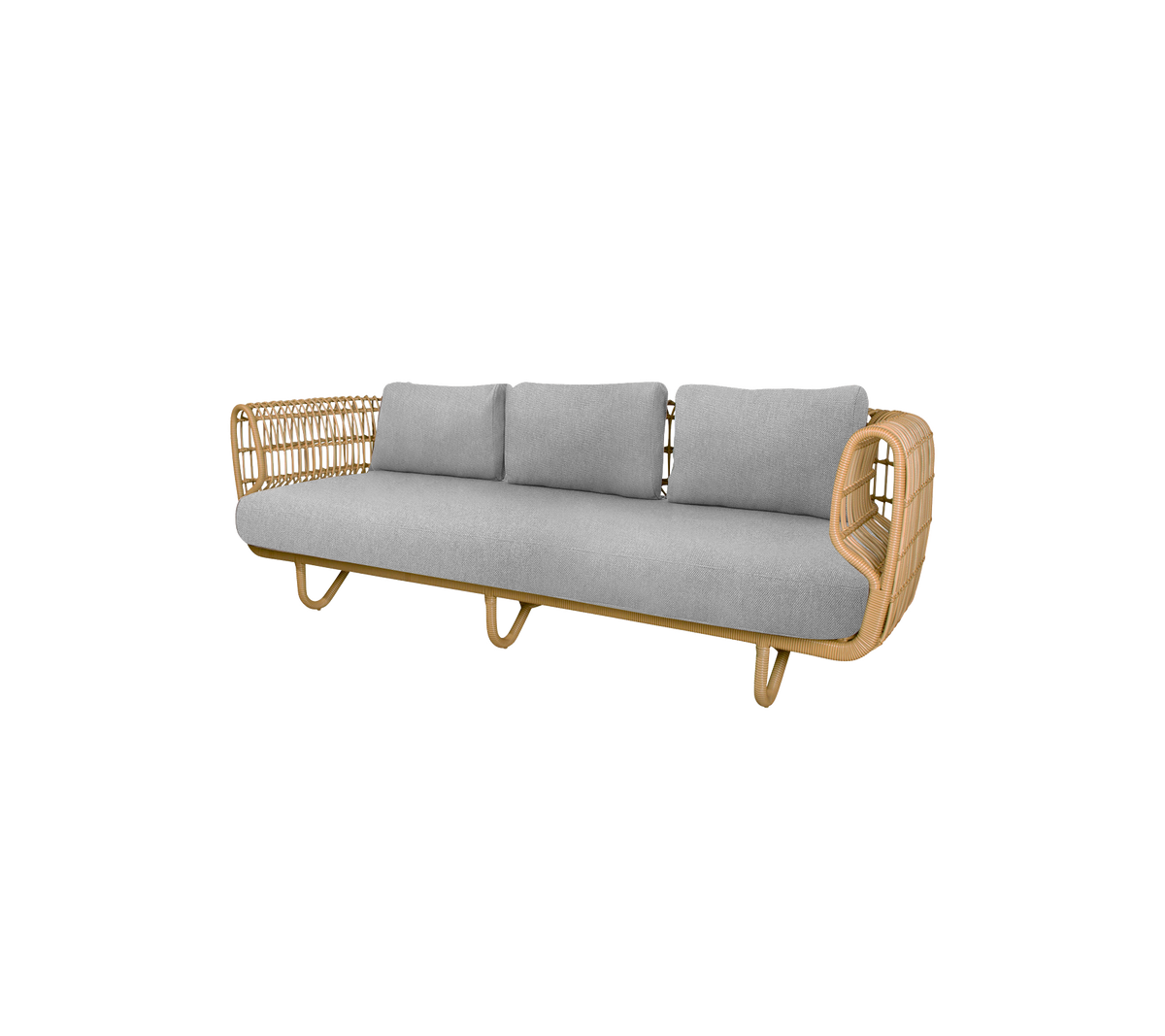 Stylish sofa featuring a natural wood frame and soft gray cushions, perfect for adding comfort and elegance to any space.