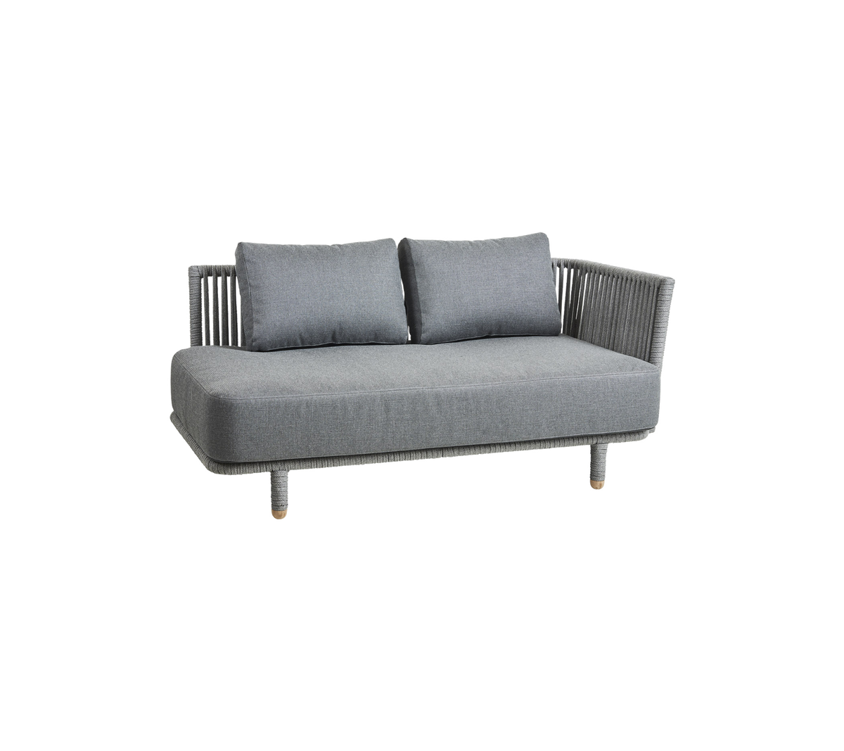 Gray sofa with two cushions and woven sides, ideal for modern indoor or outdoor settings.
