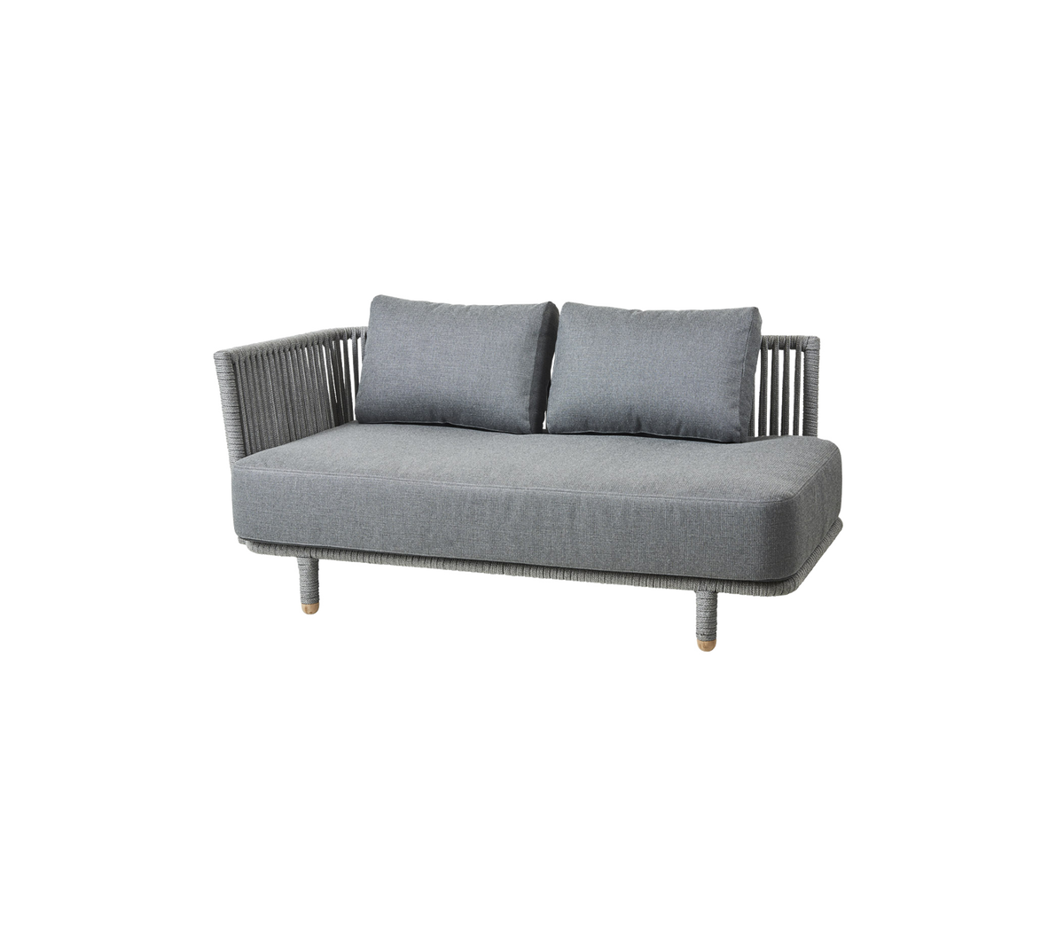 Gray outdoor sofa with two cushions and a woven backrest, designed for comfort and style. Ideal for patio or garden settings.